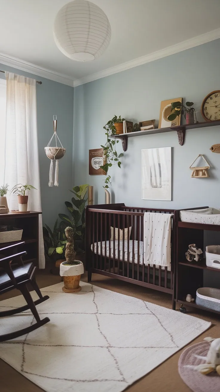 This light-filled nursery, painted a serene blue, is a testament to the beauty of Scandinavian simplicity. Dark wood furniture provides a grounding contrast, while vintage accents and a carefully chosen collection of books and toys add personality. The hanging plants and soft rug complete the tranquil atmosphere, creating a space where precious moments unfold. A truly inspiring space for a little one.