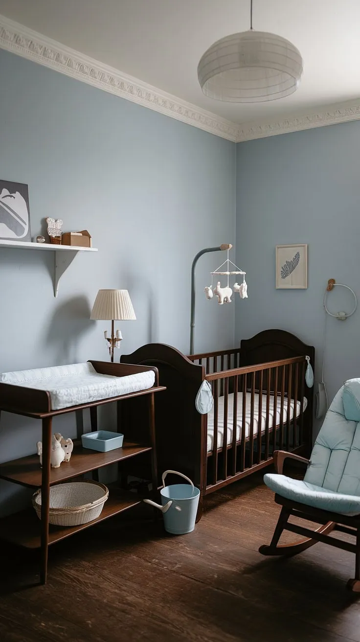 This vintage Scandinavian nursery, bathed in soft light, is a testament to timeless design. Dark wood furniture anchors the space, while the light blue walls and white accents create a sense of calm. Every detail, from the delicate mobile above the crib to the simple changing table, speaks to a commitment to creating a nurturing and peaceful environment for a little one. A perfect blend of functionality and understated beauty.