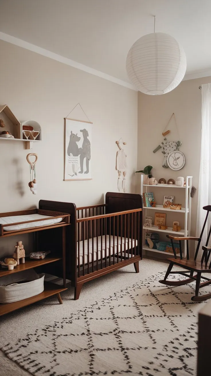 A haven of calm and natural beauty, this Scandinavian-style nursery whispers stories of gentle nights and playful days. Dark wood furniture, soft textures, and thoughtful details create a space where dreams are nurtured and cherished memories are made. The vintage crib, rocking chair, and toy shelf all contribute to a timeless, comforting atmosphere.