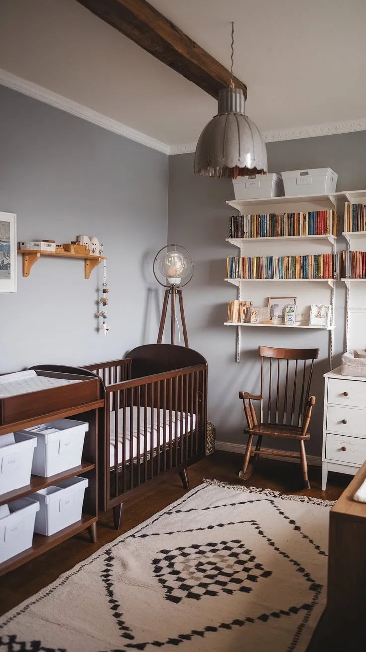This vintage-inspired nursery is a testament to the enduring appeal of Scandinavian design. The dark wood crib and changing table, complemented by the white accents and soft grey walls, create a space that's both elegant and functional. The wooden rocking chair invites quiet moments of connection, while the built-in shelving provides ample storage. It's a room where simplicity meets sophistication, offering a peaceful and comforting atmosphere for baby's first adventures.