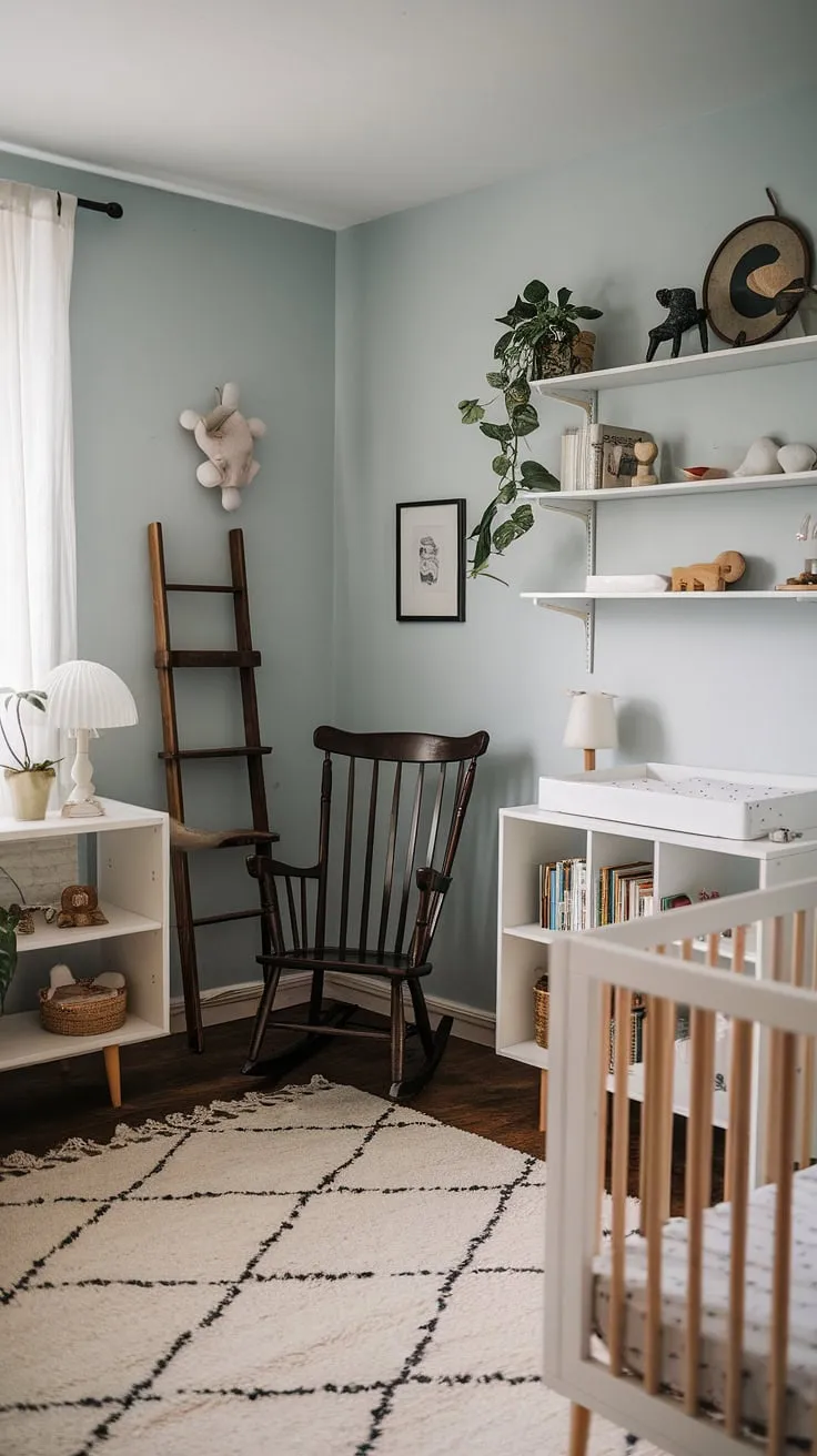 A charming Scandinavian nursery, where dark wood furniture meets airy white accents. A gentle blue hue on the walls complements the natural textures, creating a space that is both stylish and functional. The carefully curated details, from the rocking chair to the small wooden ladder, speak to a parent's love and attention to detail. A truly serene and inspiring space for a child's growth.
