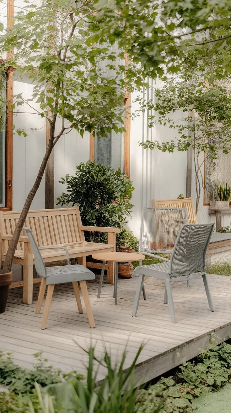 Find your peace in this Scandinavian-inspired haven. The natural wood of the furniture complements the lush greenery, creating a tranquil escape where you can unwind and reconnect with nature. A perfect spot for quiet contemplation or sharing moments with loved ones. A gentle breeze rustles through the leaves, adding to the serene atmosphere.