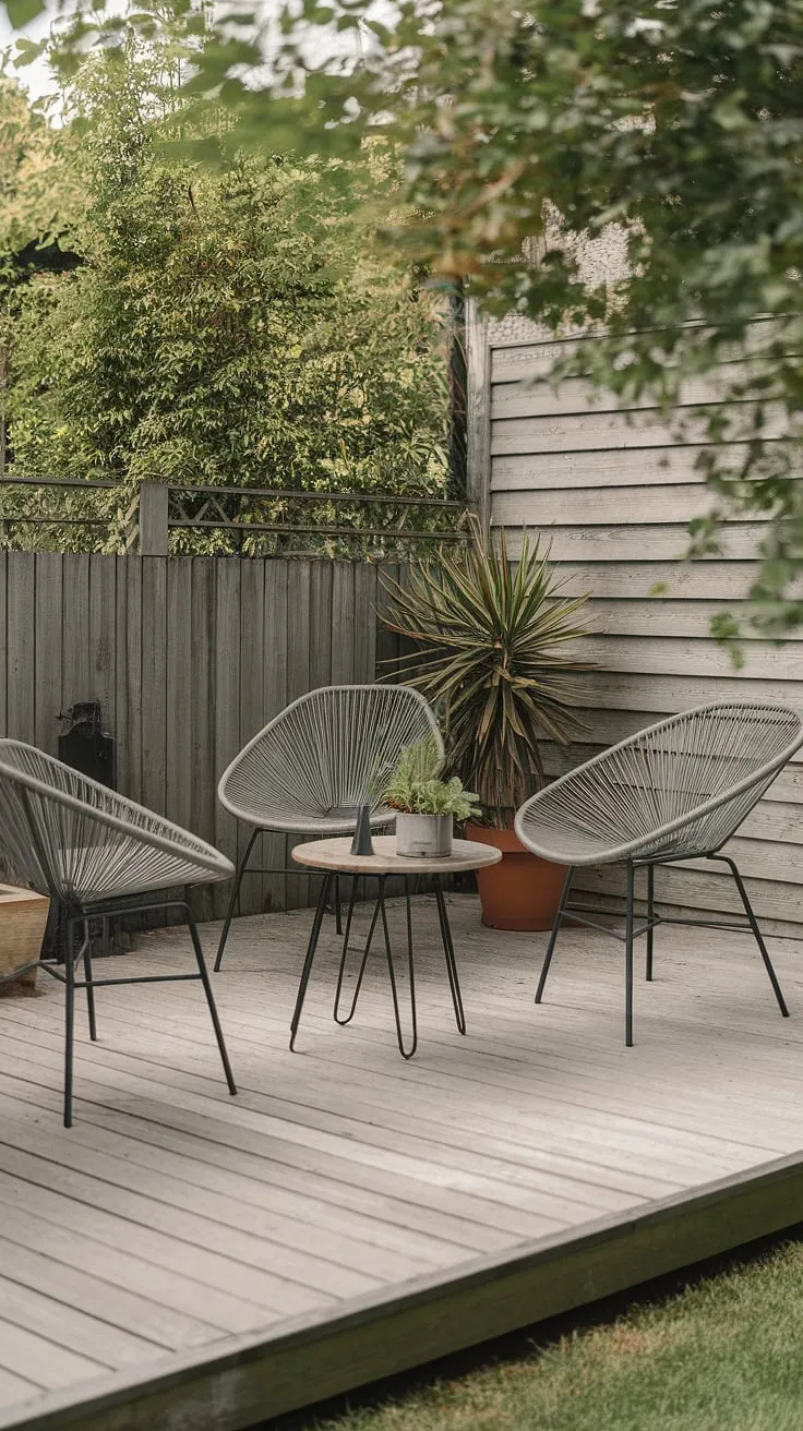 Embrace the serenity of this outdoor space. A minimalist design, featuring a wooden deck and comfortable seating, blends seamlessly with the lush natural surroundings. The potted plant adds a touch of life, while the wooden fence provides a sense of privacy. A calming retreat awaits.