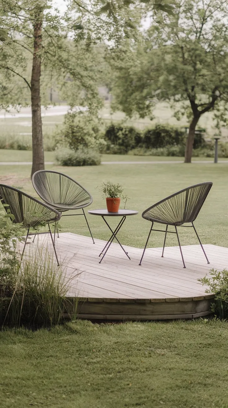 Find your peace in this Scandinavian-inspired outdoor haven. The simple elegance of the wooden deck, complemented by lush greenery and comfortable seating, creates a tranquil escape where you can unwind and reconnect with nature. A perfect spot for quiet contemplation or sharing a moment with loved ones. A truly idyllic setting.