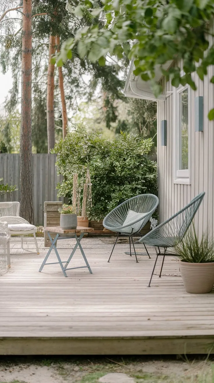Find your sanctuary amidst the trees. This Scandinavian-inspired patio offers a tranquil retreat, complete with a cozy wooden deck, comfortable seating, and a touch of greenery. A quiet haven where you can leave your worries behind and simply be. A moment of peace awaits.