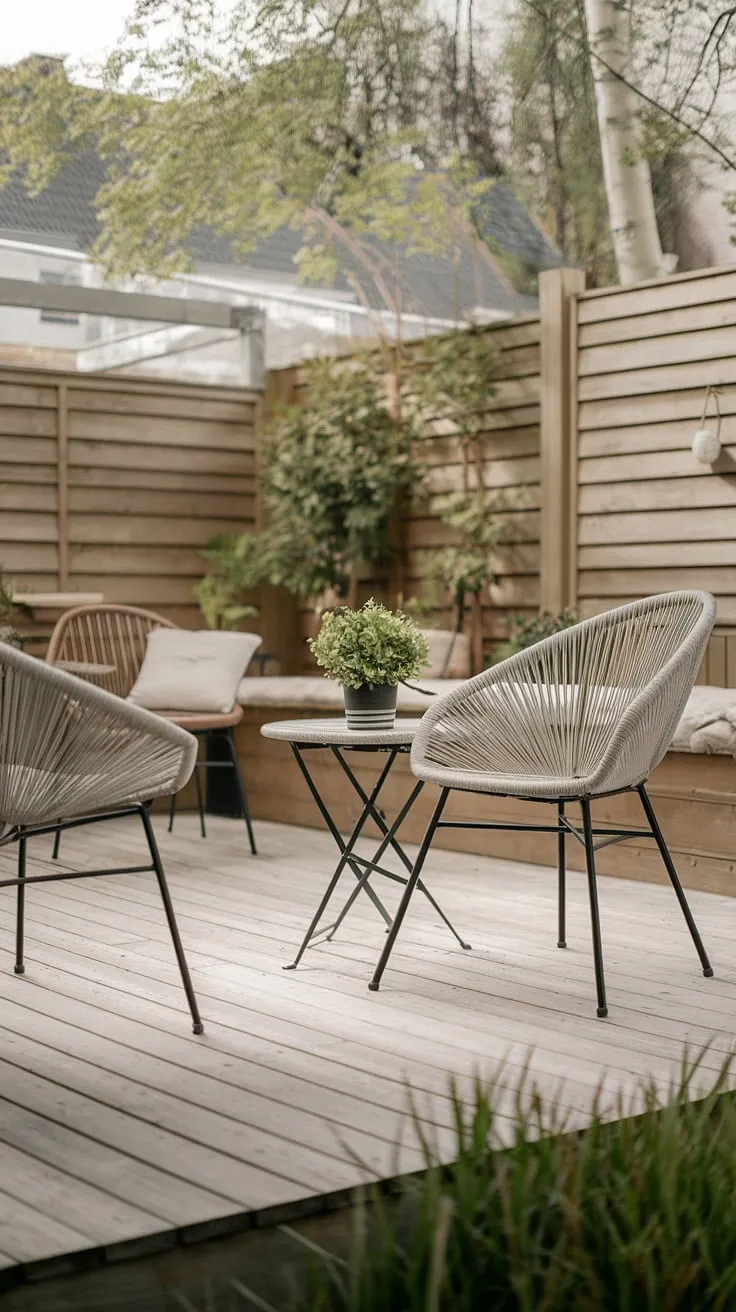 A minimalist haven created for A tranquil retreat. This Scandinavian-style patio offers a calming escape, where the natural beauty of wood and greenery intertwines with comfortable seating. A perfect spot to enjoy the quiet moments and reconnect with nature.