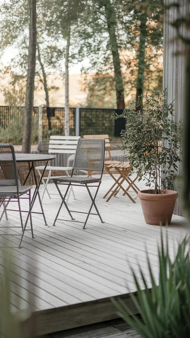 Soft light filters through the trees, illuminating this serene Scandinavian-style patio. The simple wooden furniture and potted plant create a tranquil atmosphere perfect for quiet contemplation or a leisurely afternoon a.