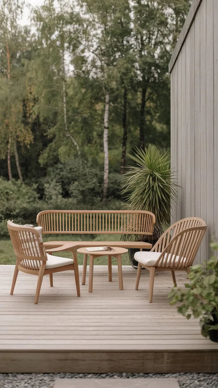 Find your peace in this Scandinavian-inspired patio; the gentle sway of the trees, the warmth of the wood, and the quiet comfort of a simple design create a haven for relaxation. The natural materials and minimalist aesthetic invite you to unwind and reconnect with nature.