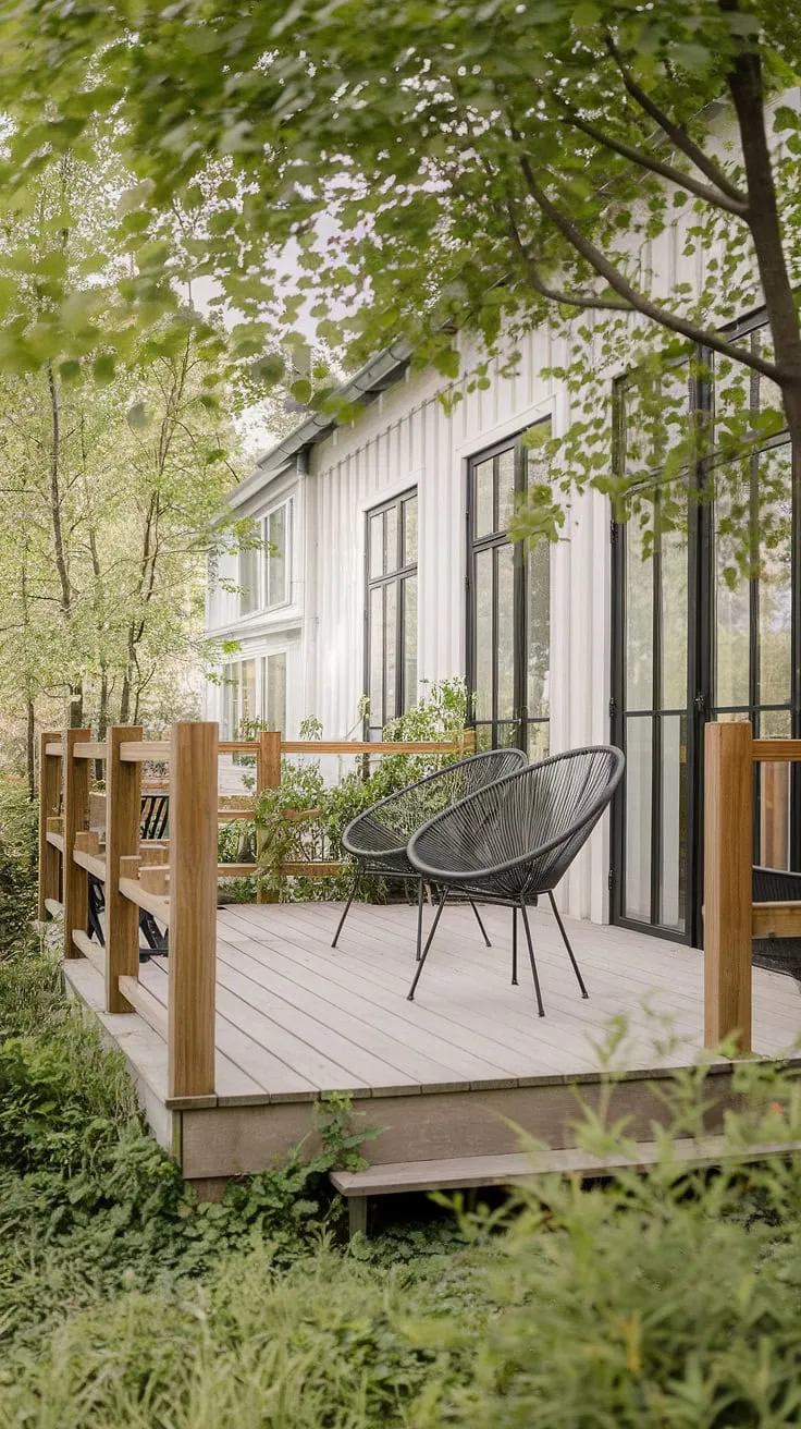 Escape to this serene Scandinavian-style patio, where the gentle breeze whispers through the lush greenery and the warmth of the sun bathes the wooden deck. A perfect spot for quiet contemplation, a morning coffee, or a relaxing evening with loved ones. The minimalist design, with its clean lines and natural materials, creates A sanctuary of peace and tranquility.