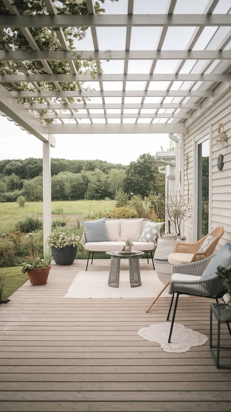 Find your peace in this idyllic Scandinavian patio. The wooden deck, shaded pergola, and comfortable white sofa offer a haven of calm. Surrounded by vibrant greenery, this outdoor space is an invitation to slow down and appreciate the simple pleasures. A truly inspiring setting for quiet contemplation and peaceful moments.