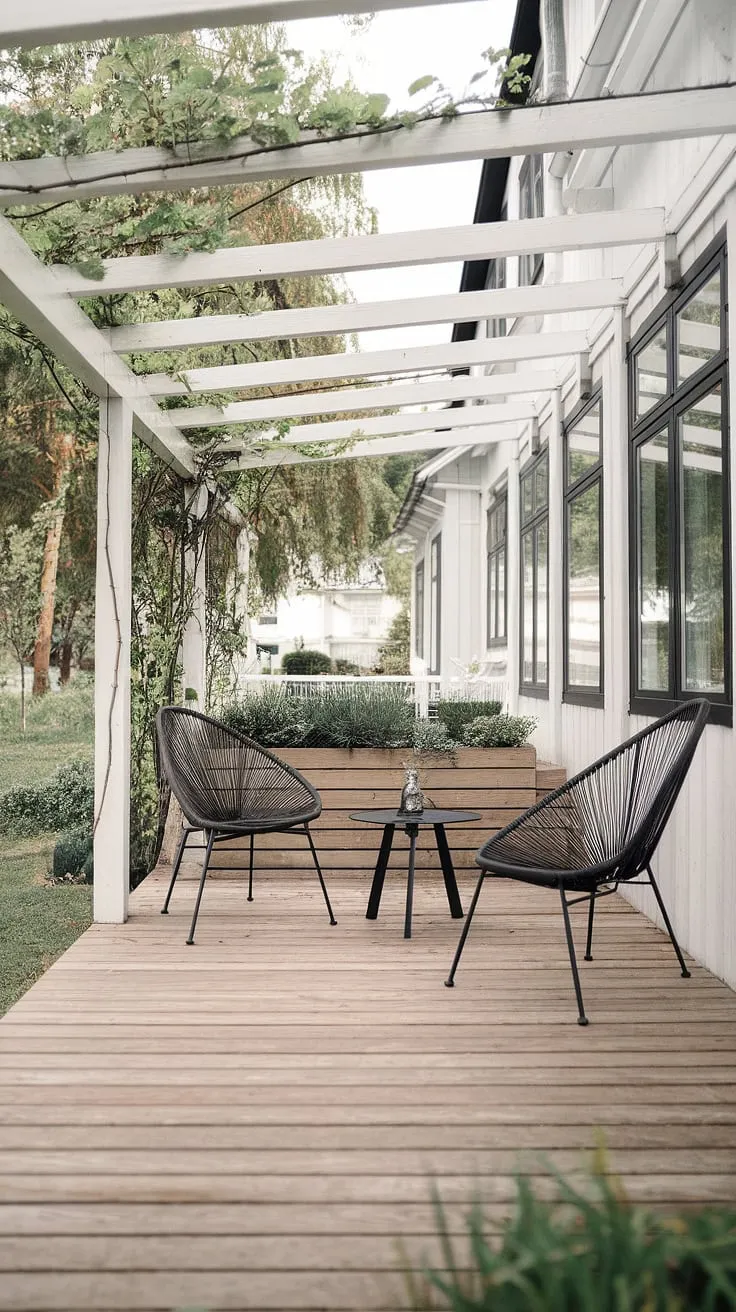 Sunlight streams through the climbing vines of the white pergola, illuminating the serene Scandinavian patio. A simple wooden deck, a few comfortable chairs, and a lush planter create a tranquil escape, perfectly embodying a minimalist aesthetic.