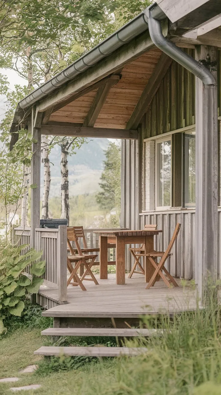 A rustic retreat awaits. This charming veranda, with its weathered wooden table and chairs, offers a tranquil escape surrounded by breathtaking scenery. A moment of serenity amidst nature's embrace.