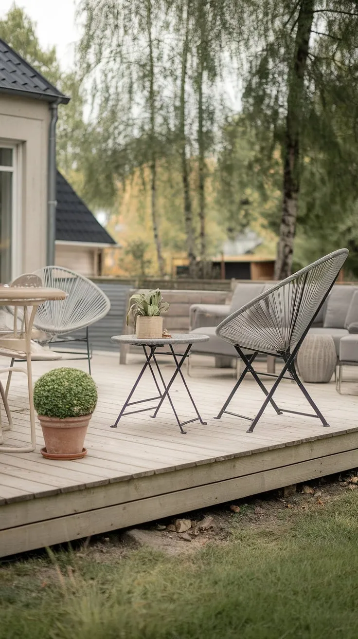 A haven of calm awaits. This Scandinavian-style patio, with its understated elegance and natural materials, offers A sanctuary from the everyday. The soft light, the comfortable seating, and the lush greenery create a space for relaxation and contemplation. A perfect spot to unwind and reconnect.
