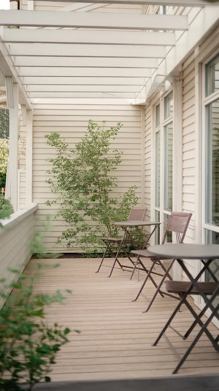 Sunlight spills onto this serene Scandinavian-style patio, where the warmth of the wooden deck and the calming white walls create a perfect haven for quiet contemplation. A gentle breeze rustles the leaves of the nearby plant, adding to the peaceful atmosphere. A sense of understated elegance pervades the space.