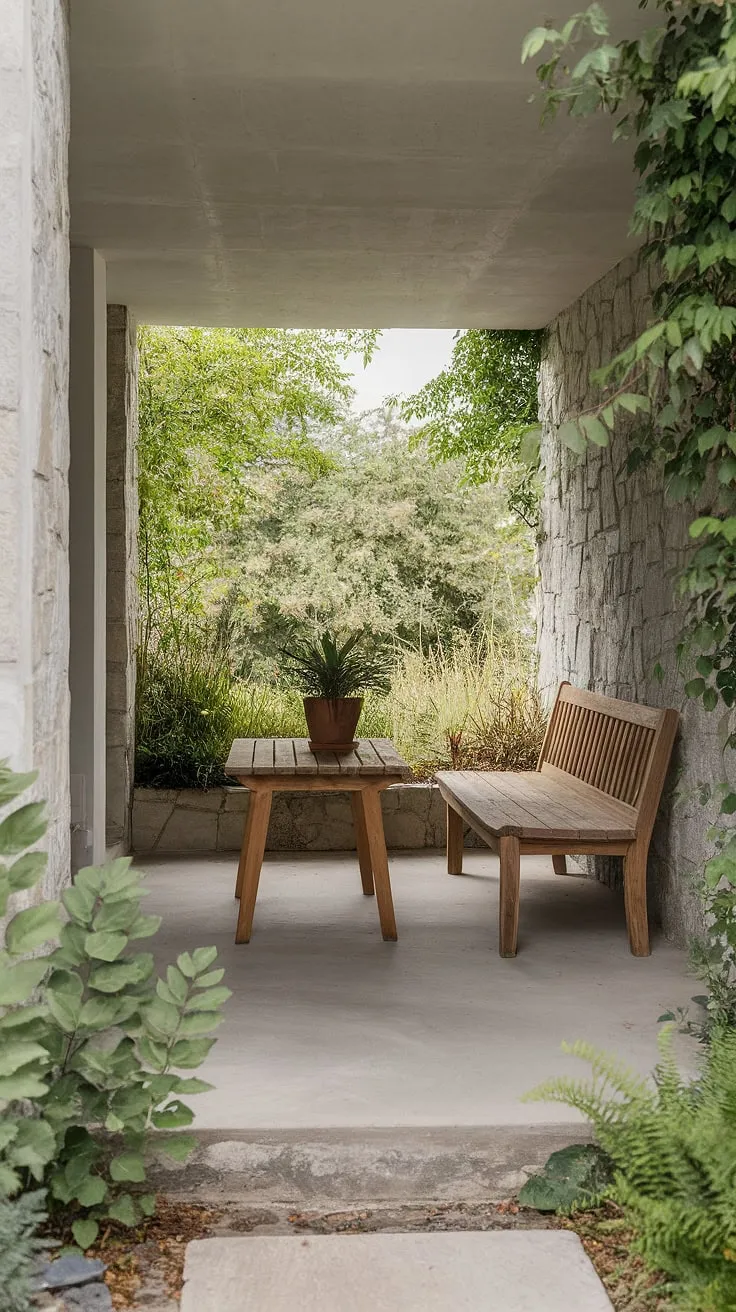 A minimalist sanctuary awaits. This Scandinavian patio, with its rustic wooden furniture and potted plant, offers a tranquil retreat amidst nature's embrace. The stone walls and concrete floor provide a grounding contrast to the surrounding greenery, creating a harmonious balance. A moment of peace is all yours here.