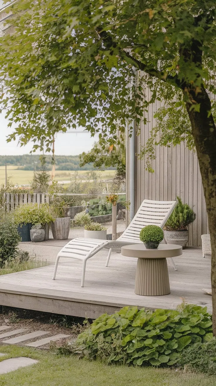 Find your peace in this idyllic Scandinavian patio. The clean lines of the furniture, the vibrant green plant on the small round table, and the surrounding nature create a calming atmosphere. A true testament to understated elegance and the beauty of simple living.