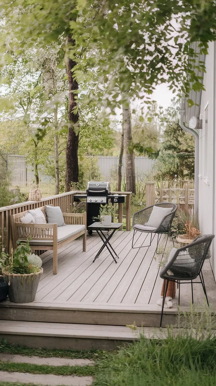 Escape to this serene Scandinavian-style patio, where the gentle hum of nature blends seamlessly with the warmth of the wooden deck and the inviting glow of the grill. A perfect spot for al fresco dining and relaxation, surrounded by lush greenery and the comforting presence of a wooden bench and cozy seating. A true haven for outdoor living.