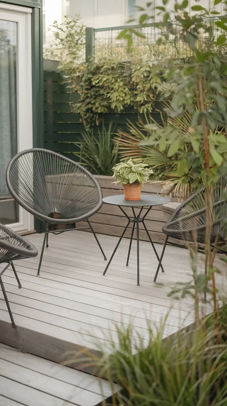 Escape the everyday on this serene Scandinavian patio. The minimalist design, complemented by the vibrant greenery and a small potted plant a, invites relaxation and a moment of calm.