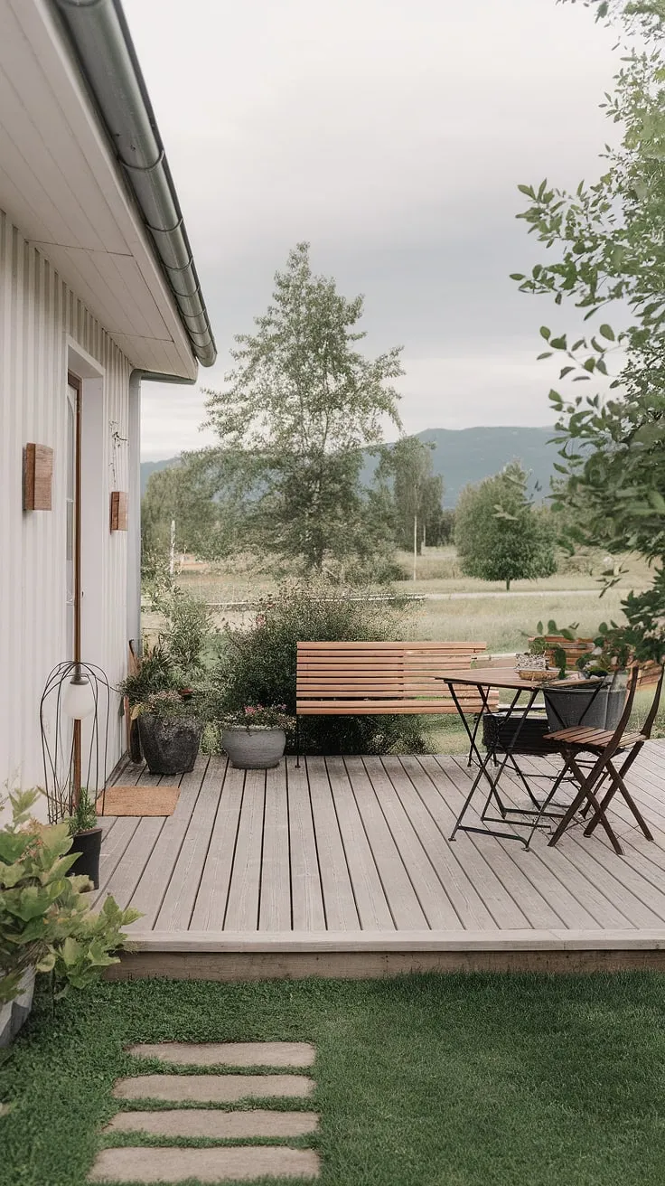 Find your peace in this Scandinavian-inspired patio. The gentle grey sky, the lush greenery, and the warmth of the wood create a sanctuary for quiet contemplation and a moments of simple joy. The view beyond only enhances the feeling of serene escape.