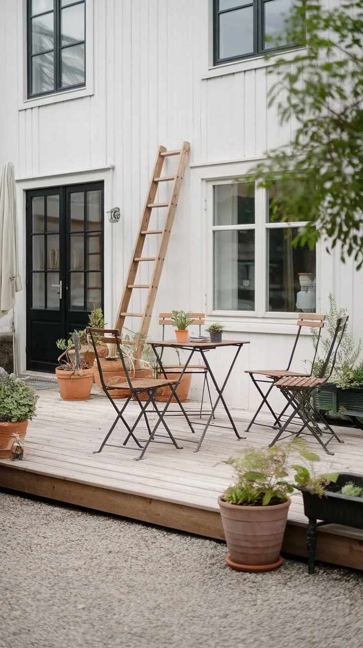 Serene Scandinavian simplicity. A wooden deck, potted plants, and the gentle rustle of leaves create a peaceful haven. The white house, with its black windows, provides a striking backdrop to this tranquil outdoor space. A perfect spot for quiet contemplation.