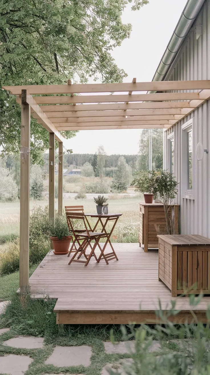 Find your peace in this Scandinavian sanctuary. The wooden deck, shaded pergola, and surrounding greenery create a tranquil escape, perfect for quiet contemplation or sharing moments with loved ones. A simple wooden table and chairs, a potted plant, and a convenient storage cabinet complete this idyllic outdoor space. A view of the serene landscape beyond adds to the sense of calm and escape.