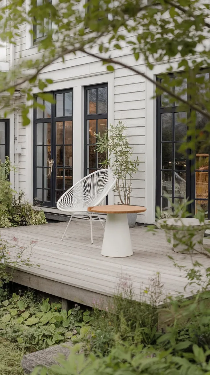 Serene Scandinavian sanctuary. A minimalist white table and chair set the scene on this wooden deck, nestled amongst flourishing greenery. The calming ambiance is perfectly complemented by the crisp white house in the background, creating a space of pure tranquility. A perfect spot for quiet contemplation and enjoying the simple pleasures of life.