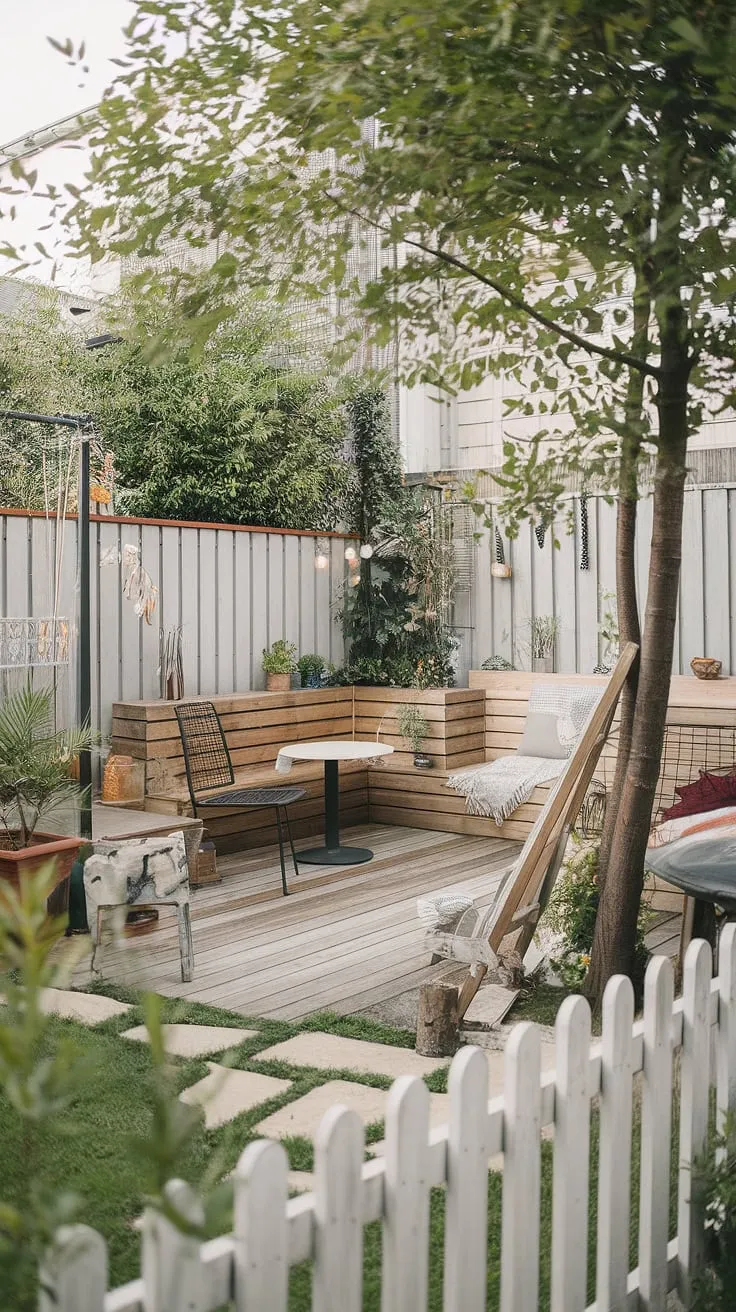 Sunlight dapples through the leaves onto this serene Scandinavian-style patio, a haven of calm amidst the greenery. The built-in seating, wooden deck, and white picket fence create a space perfect for quiet contemplation, while the potted plants and leaning ladder add a touch of rustic charm. A perfect blend of nature and design.