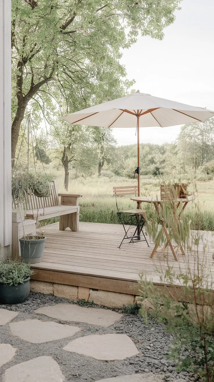Find your peace in this Scandinavian-inspired patio oasis. The natural wood and stone create a calming atmosphere, perfectly complemented by the lush greenery and the gentle sway of the hanging planter. A simple wooden bench and table offer the perfect spot for quiet contemplation, while the white umbrella provides shade from the sun. A truly tranquil escape.