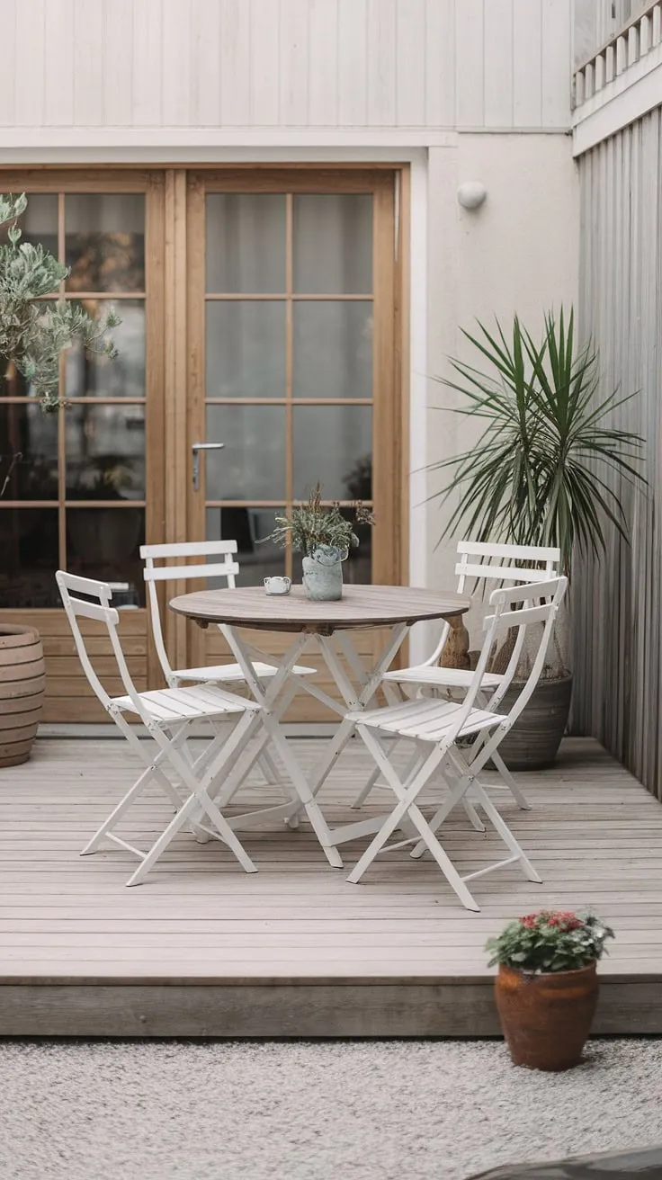 Escape to this serene Scandinavian-style patio; the perfect spot for quiet contemplation and al fresco dining. The warm wood of the table and chairs, complemented by the gravel path and simple potted plant, creates a tranquil atmosphere. A true haven for relaxation.