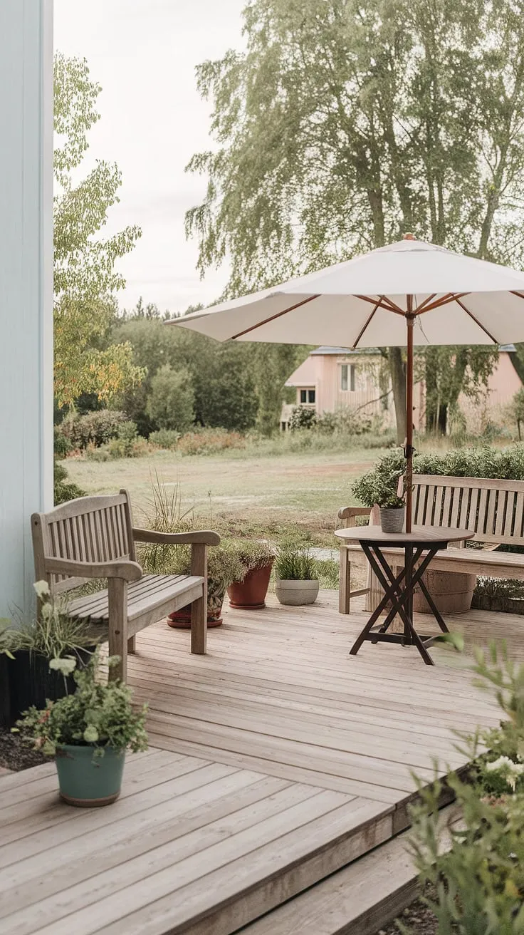 Sunlight warms the wooden deck, a gentle breeze rustling through the nearby trees. This Scandinavian-style patio, complete with a cozy bench and a white umbrella offering shade, is the perfect spot for quiet contemplation and enjoying the serene landscape. A sense of calm pervades, enhanced by the carefully placed potted plants. A true escape.