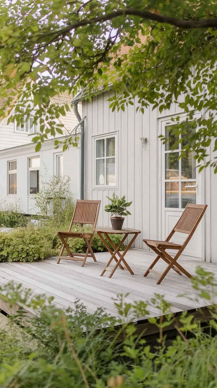 Escape to this serene Scandinavian patio, where the gentle rustle of leaves and the warmth of the sun create the perfect atmosphere for relaxation. The minimalist design, with its wooden deck and lush greenery, offers a tranquil retreat from the everyday. A perfect spot for quiet contemplation or sharing a moment with loved ones.