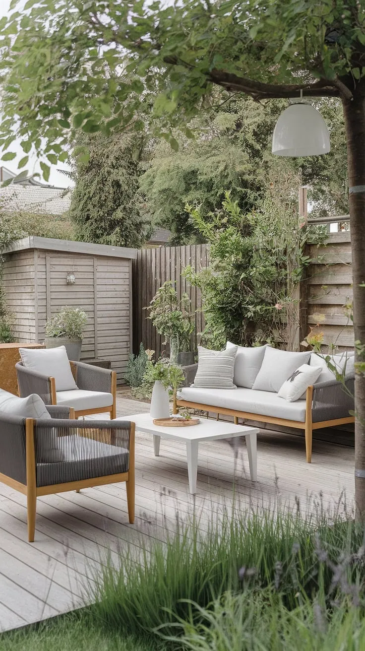 Escape to this serene Scandinavian backyard oasis. The minimalist design, featuring a grey sofa and white cushions, creates a calming atmosphere perfect for relaxation. A gentle breeze rustles through the lush greenery, illuminating the space with natural light. This outdoor haven is the epitome of understated elegance.