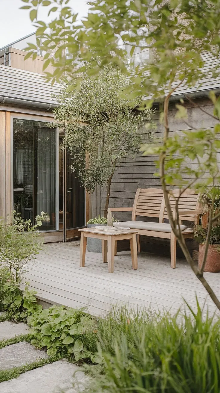 Escape to this serene Scandinavian backyard. A wooden patio, surrounded by lush plants, provides a tranquil setting for outdoor living. A comfortable bench and small table invite you to unwind and enjoy the peaceful ambiance. The rustic wooden building in the background adds to the charm, creating a space where you can truly relax and reconnect with nature. A truly idyllic retreat.
