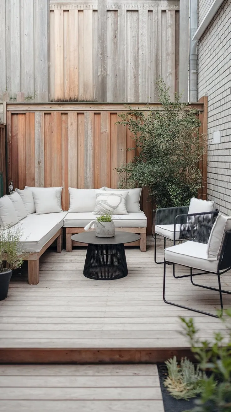 Escape to this tranquil Scandinavian patio. The clean lines of the white furniture and the warmth of the wooden deck create a haven of peace. A perfect spot for quiet contemplation or lively conversation, this outdoor area effortlessly blends comfort and style, showcasing the beauty of minimalist design.