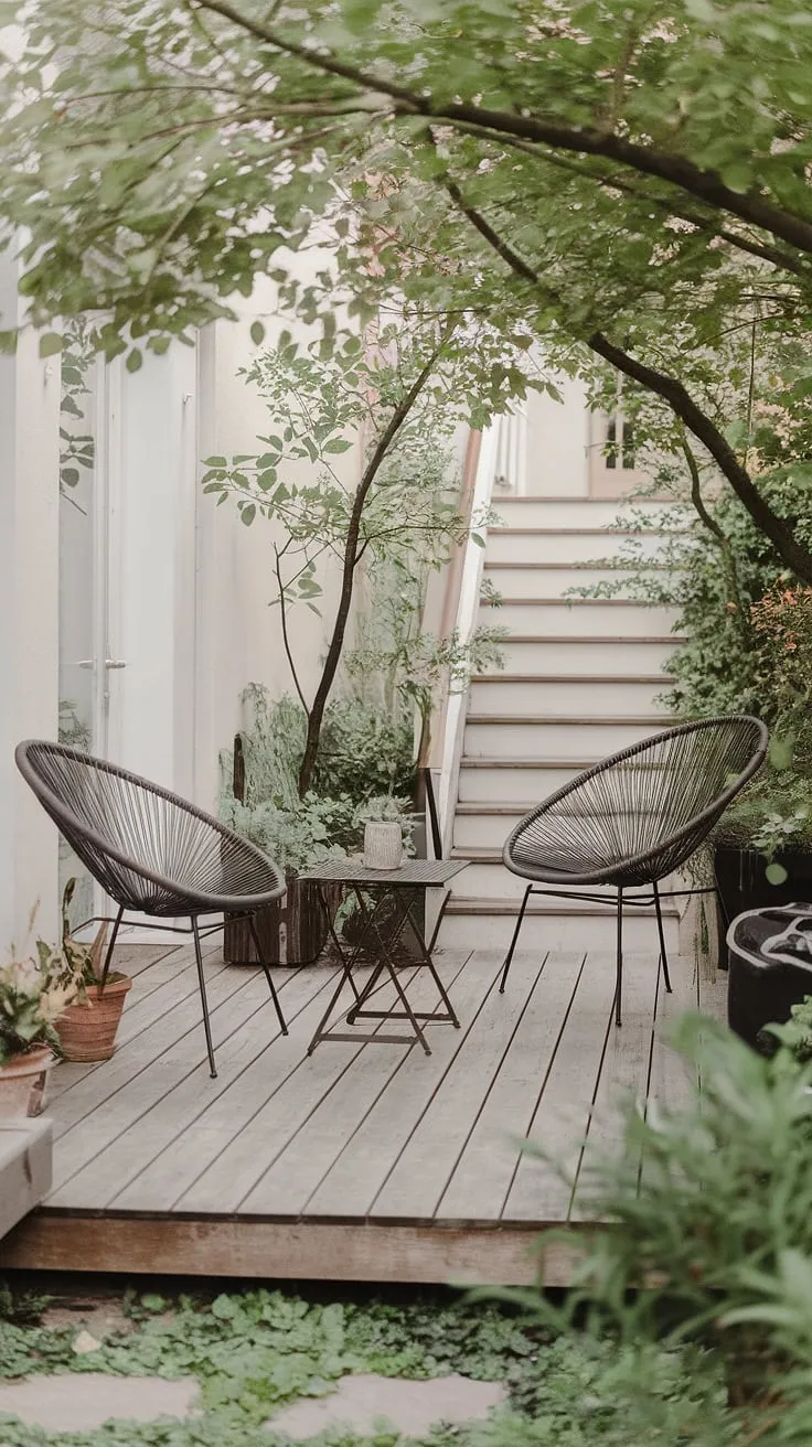 Embrace the serenity of this outdoor space. Surrounded by lush greenery and the clean lines of Scandinavian design, this wooden deck provides the ideal setting for relaxation. A peaceful escape awaits, complete with comfortable seating and the gentle sounds of nature.