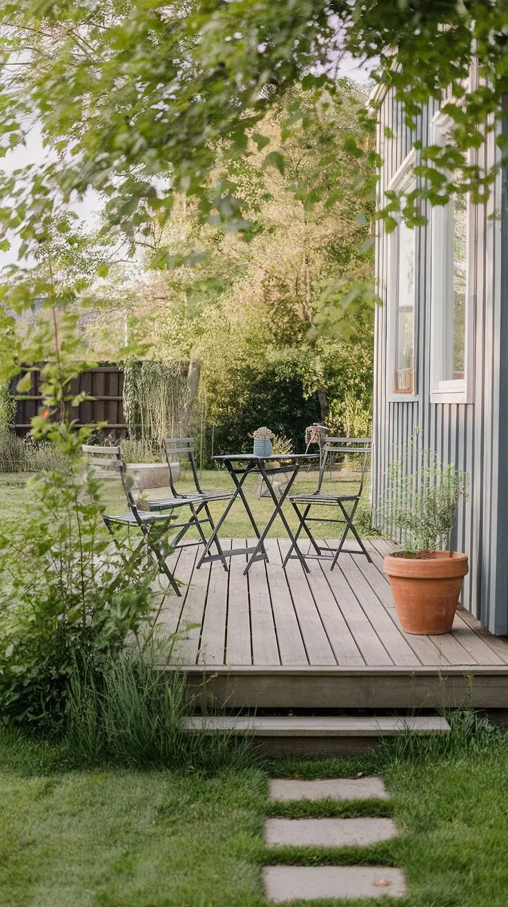 Find your calm amidst the greenery. This Scandinavian-inspired backyard oasis, complete with a wooden deck, comfortable seating, and a flourishing potted plant, provides the perfect setting for relaxation and connection with nature. The soft light and natural surroundings create a truly tranquil atmosphere.