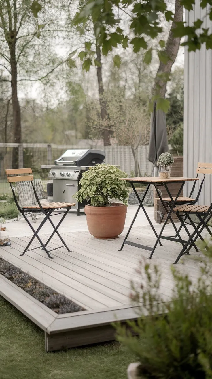 Find your peace in this tranquil backyard oasis. A thoughtfully designed Scandinavian patio offers a haven for quiet contemplation or lively gatherings. The wooden deck, complete with comfortable seating and a grill for summer evenings, provides the perfect setting for creating lasting memories. A touch of greenery completes the scene, enhancing the overall sense of calm and serenity.