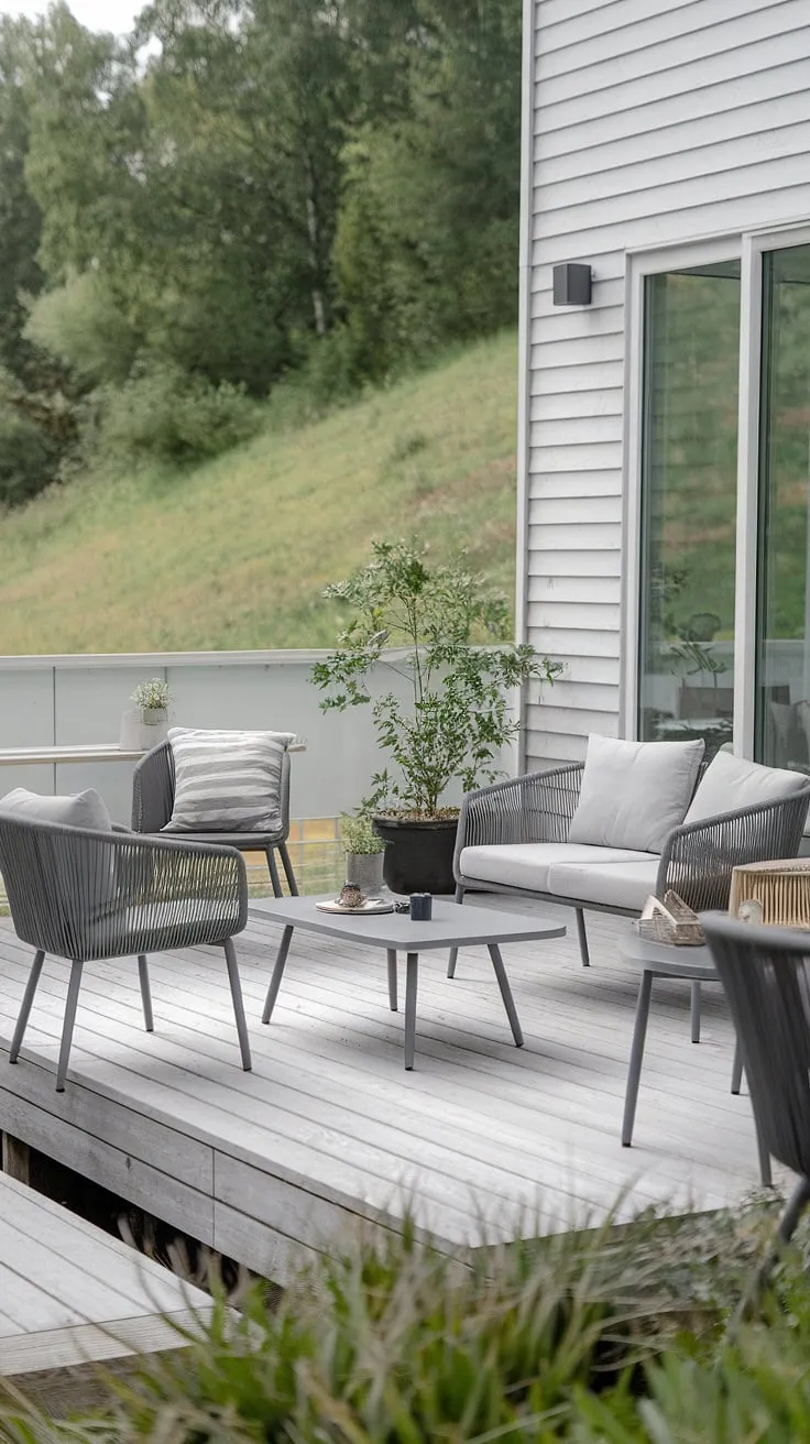 A breath of fresh air. This Scandinavian patio, with its simple elegance and stunning view, offers the ultimate in outdoor relaxation. The gray furniture and verdant backdrop create a calming space, ideal for unwinding and enjoying the beauty of nature. A true sanctuary.