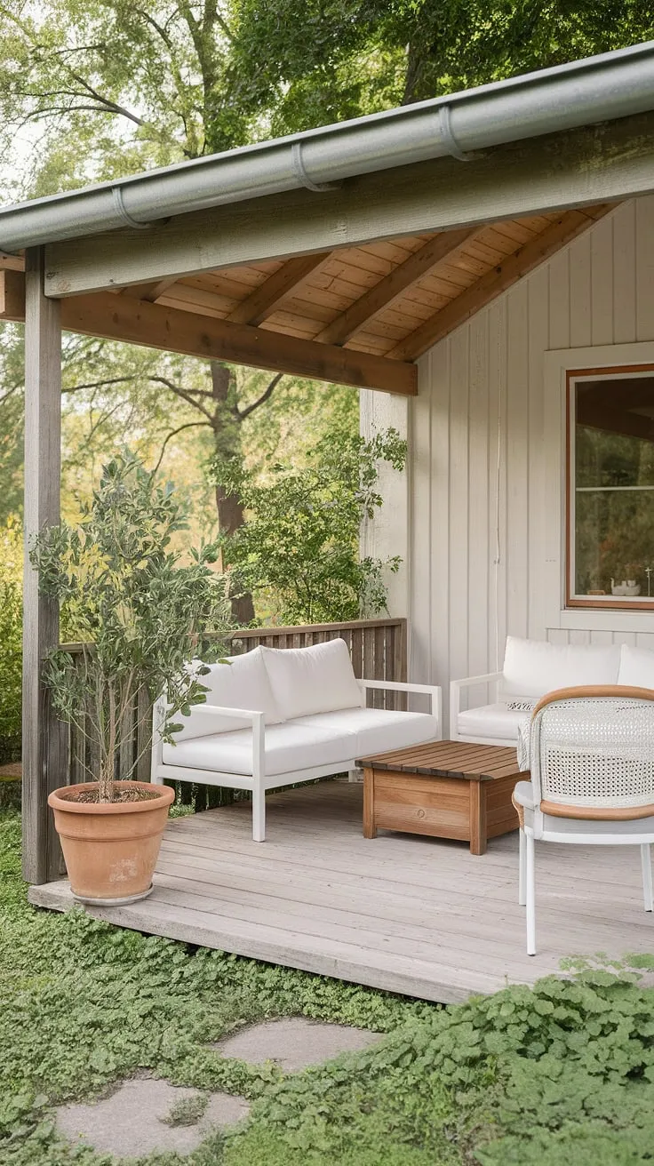 Escape to this peaceful Scandinavian patio, a haven of calm amidst the greenery. The white outdoor furniture, wooden veranda, and thoughtfully placed potted plant create a minimalist yet inviting atmosphere. A perfect spot for a quiet morning coffee or a peaceful evening read.