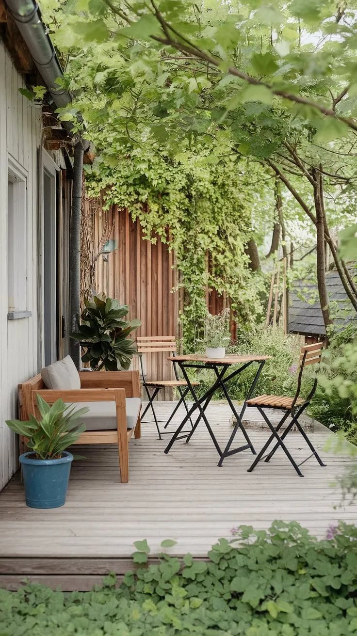 Find your peace in this idyllic Scandinavian patio. The warm wood tones, abundant greenery, and thoughtfully chosen furniture create an inviting atmosphere. A quiet retreat where you can unwind and reconnect with nature, this space is a testament to simple, elegant living. The carefully curated details, from the potted plants to the surrounding trees, contribute to a feeling of complete serenity.