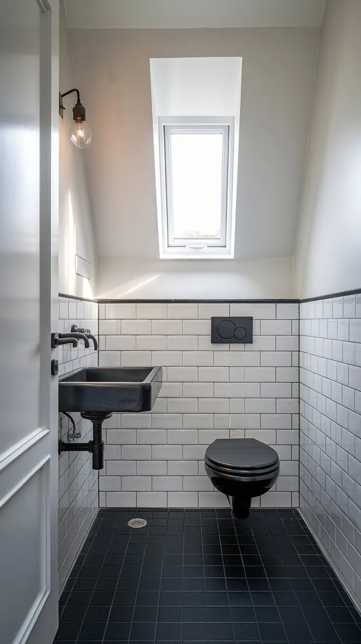 A study in contrasts: the stark white walls and high window of this powder room are beautifully offset by the sleek black sink and toilet, creating a space that is both modern and serene. The dark flooring grounds the design, resulting in a sophisticated and functional space.