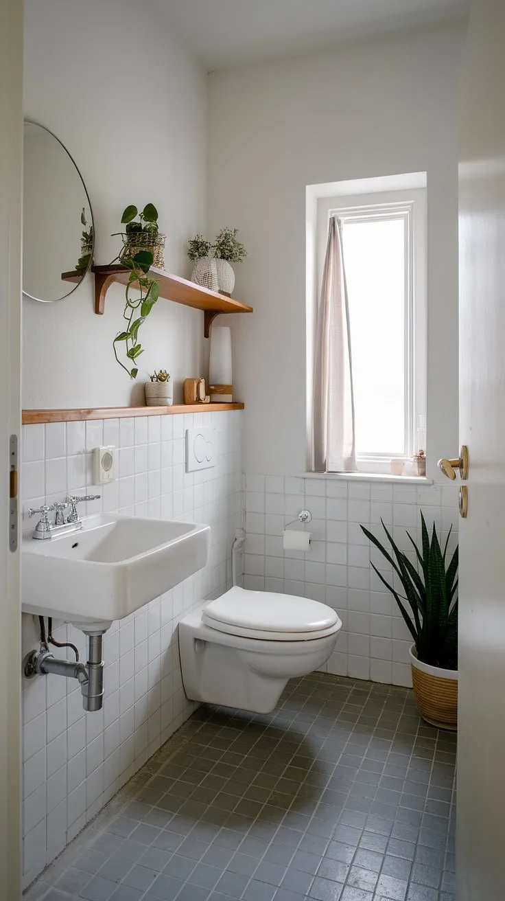 Serene Scandinavian sanctuary: Clean lines, minimalist design, and a touch of nature create a calming powder room escape. The simple elegance of the white fixtures and wooden shelf perfectly complements the grey tile floor, while the small window and potted plant add a touch of life. A perfect example of how less is truly more.