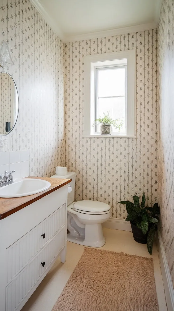 This compact powder room proves that even small spaces can be stylish and functional. The clever placement of the sink and toilet maximizes space, while the warm beige rug and patterned wallpaper add texture and visual interest. A touch of greenery completes the calming Scandinavian aesthetic, making this a truly inviting retreat.