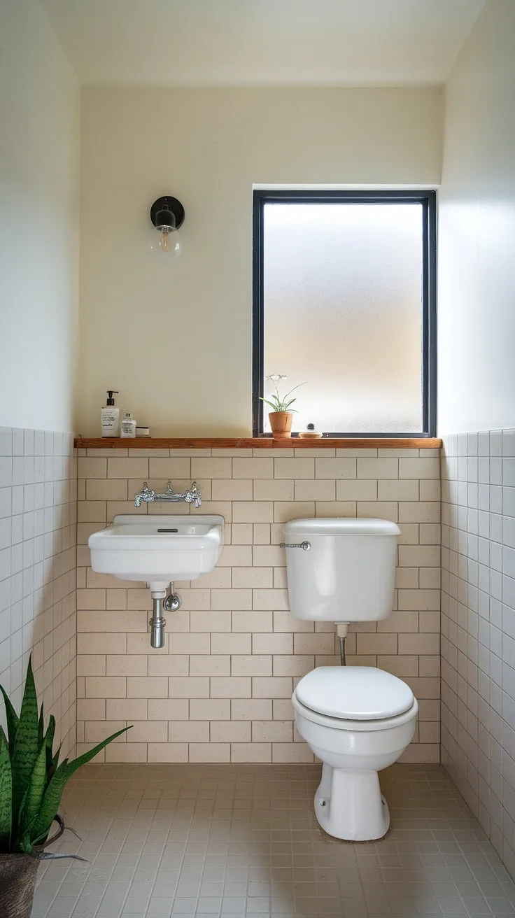 Serene Scandinavian simplicity: A minimalist powder room, bathed in soft light, showcasing clean lines and functional design. The white fixtures and wooden accents create a calming atmosphere, perfectly complemented by the subtle texture of the beige tiles. A small window offers privacy while letting in natural light.
