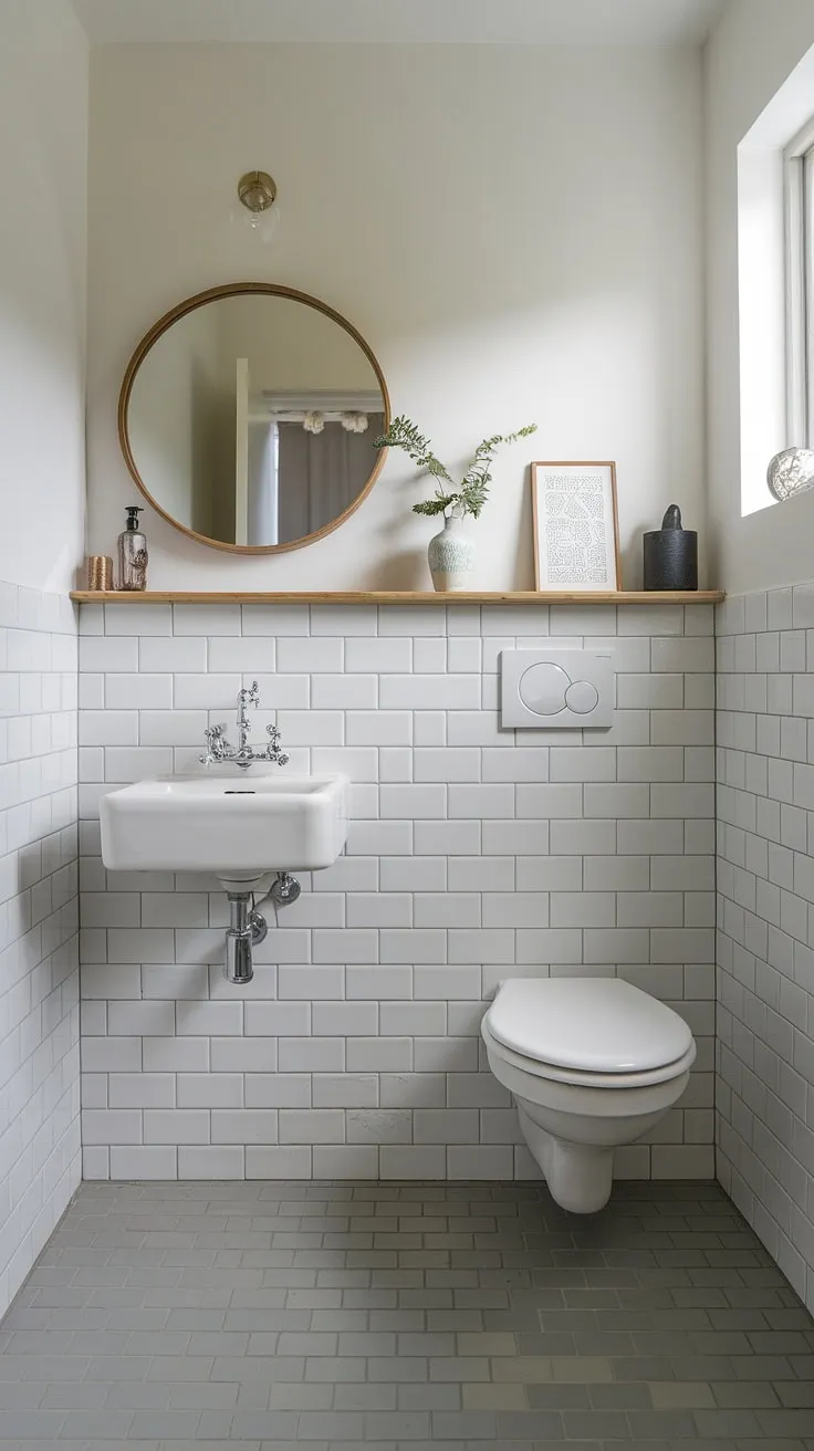 Serene Scandinavian simplicity. The clean lines and minimalist design of this powder room, featuring a white sink and toilet, create a tranquil escape. A small window lets in natural light, enhancing the airy feel. A wooden shelf adds a touch of warmth, perfectly complementing the grey and white tiled walls and floor.