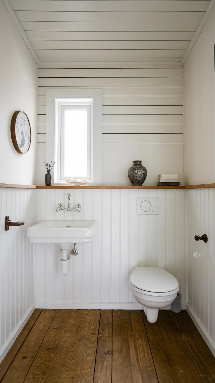 Serene simplicity defines this Scandinavian-inspired powder room. The clean lines, light wood flooring, and minimalist fixtures create a tranquil escape, perfect for a moment of quiet reflection. A small window high on the wall lets in natural light, enhancing the airy feel.