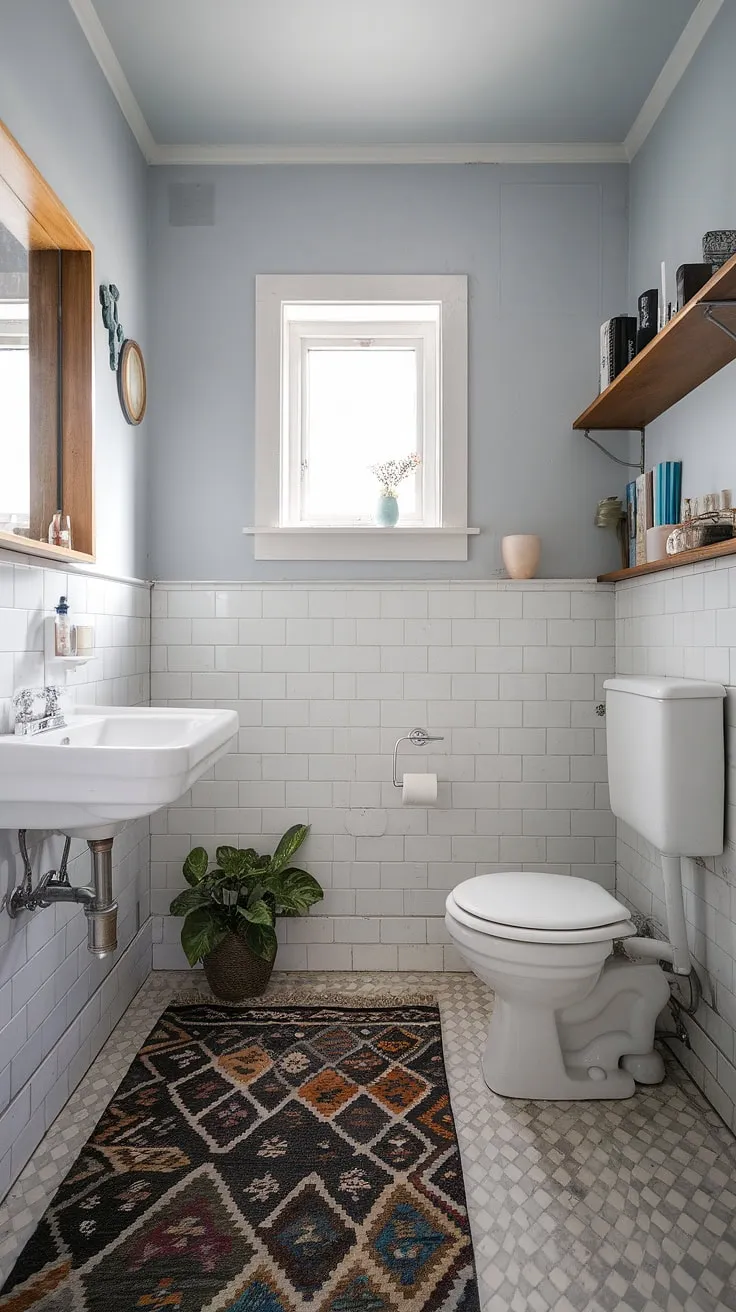 Serene Scandinavian style in this powder room. The light blue walls, white fixtures, and wooden accents create a calming atmosphere, perfectly complemented by the patterned rug and a touch of greenery. A minimalist haven for quiet contemplation.
