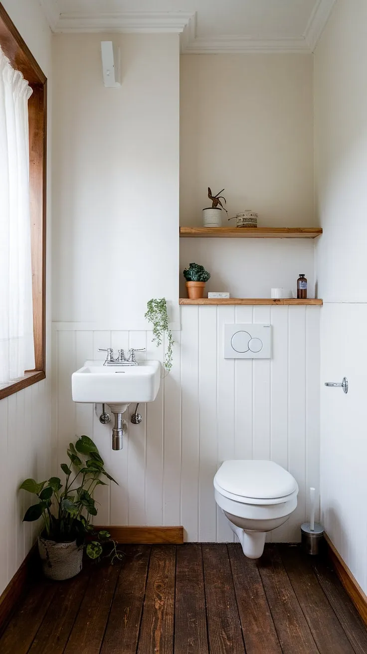 A tranquil powder room, showcasing the beauty of Scandinavian design. The light wood shelf above the toilet adds a touch of warmth, while the dark wooden floor grounds the space. A small, yet perfectly formed sanctuary, ideal for a moment of peaceful reflection.