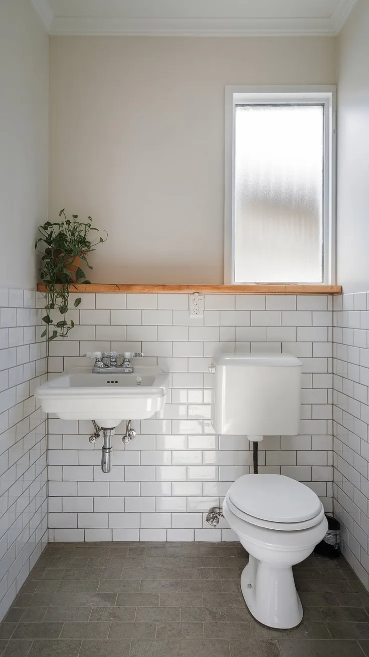 Minimalist design meets practical functionality in this compact powder room. The white fixtures and wooden shelf, housing a small potted plant, add warmth against the cool grey tiles. A frosted window ensures privacy while letting in natural light.