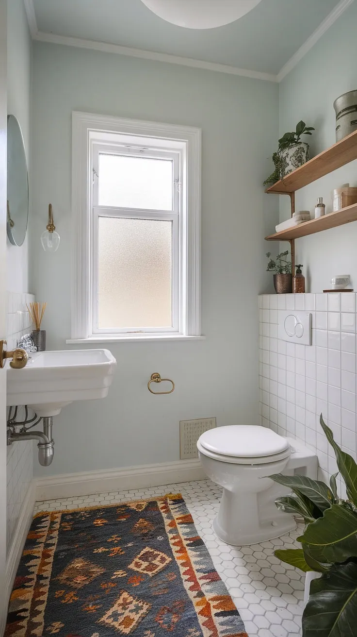 Serene Scandinavian style in this powder room. The light blue walls, frosted window, and simple wooden shelf create a calming atmosphere, perfectly complemented by the white fixtures. A touch of nature is added with the potted plant, enhancing the overall sense of tranquility.
